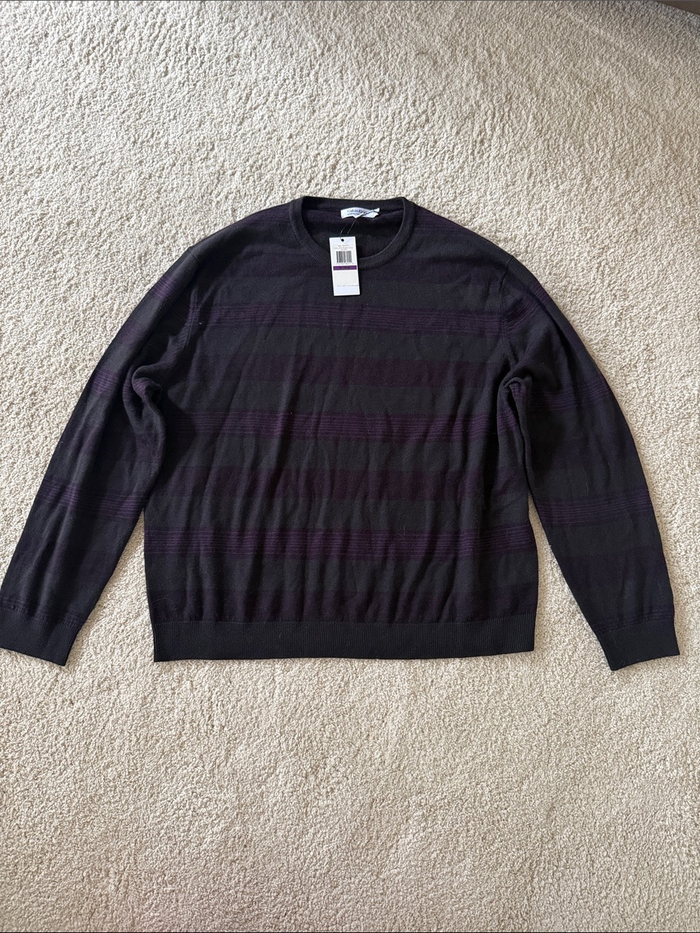 Calvin Klein Charcoal Crewneck Sweater with Subtle Purple Stripes